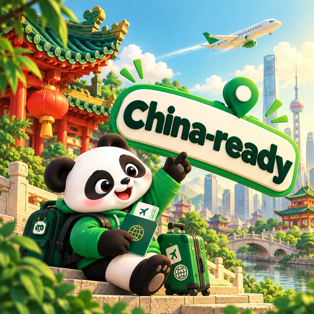 Qiao with a passport, a backpack and a suitcase on old city steps, a plane flying over the skyline